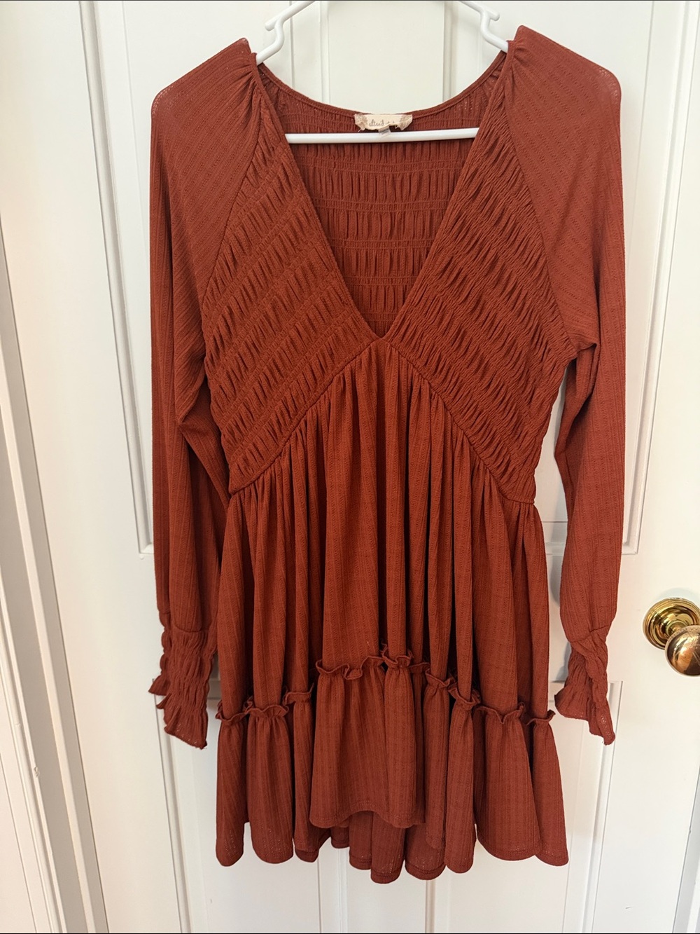 Altar'd State Rust Smocked V-Neck Tiered Long Sleeve Dress